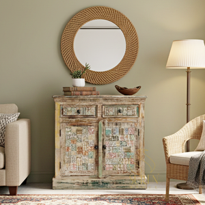 Coffre indien fait à la main sculpté motif de détresse finition recyclé Design salon armoire à tiroirs pour les acheteurs en gros - Product Image 1