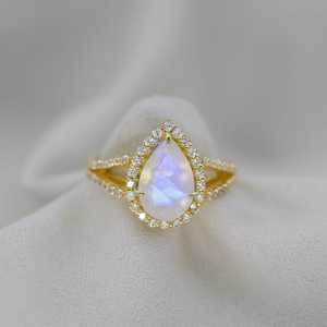 Pear Moonstone Prong <b>Ring</b> for Women 925 <b>Sterling</b> <b>Silver</b> Natural Rainbow Moonstone Solitaire <b>Ring</b> Handmade Fine Jewelry - Product Image 1