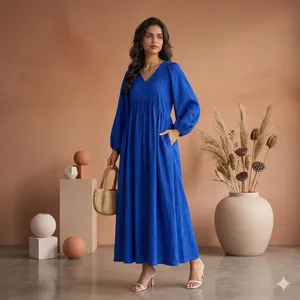 Elegant Blue Plain Cotton Linen Maxi <b>Dress</b> With Boho Style V-Neck <b>Loose</b> Fit Puff Sleeve Summer Casual <b>Dress</b> For Women - Product Image 2