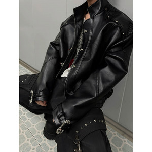 Chaqueta de Motociclista de Cuero Negra para Hombre, Manga Larga, Resistente al Viento, Estilo Invernal, Informal, Cortavientos, a la Moda - Product Image 2
