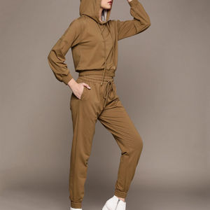 Ensemble de survêtement marron à capuche pour femme, 2 pièces, manches longues, en coton tricoté, décontracté, avec poches, coupe ample, longueur cheville - Product Image 2