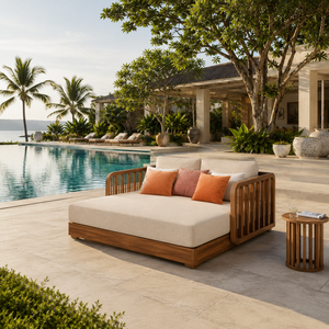 Chaise longue double moderne en teck pour l'extérieur avec coussins, structure en bois, mobilier de jardin et de bord de piscine - Product Image 3