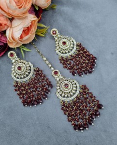 Royal Heavy Beaded Cluster CZ Stone Chandbali Earrings And Mangtika Set Antique Gold Plated Designer Fashion Jewellery For Women - Product Image 2