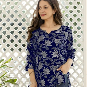 Kurti court en coton pour femmes, design imprimé, col rond, manches droites, coupe décontractée, haut ethnique, lot de 2 - Product Image 4