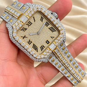 Reloj de Lujo Raj Gems con Diamantes, Esfera Analógica de Cuarzo, Correa de Acero Inoxidable de 18 mm, Cristal de 41 mm, Tono Dorado, Números Romanos, Cierre Desplegable - Product Image 2
