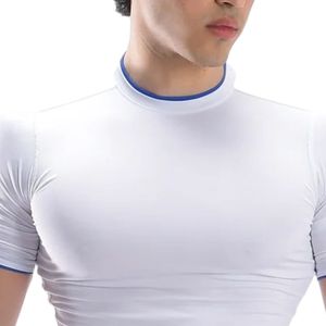 Men's <b>White</b> Slim <b>Fit</b> Crew Neck Short Sleeve <b>T</b> <b>Shirt</b> with Blue Trim Plain Fitted Casual Tee - Product Image 2