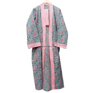 Bata de algodón hecha a mano para mujer con estampado floral, manga larga, cuello en V, largo completo, suave, informal, con ribete de rayas rosas, cierre con cinturón, de secado rápido - Product Image 5