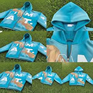 Sudadera con capucha azul con cremallera, forro polar grueso, estampado gráfico por transferencia térmica, corte regular, estilo urbano - Product Image 3