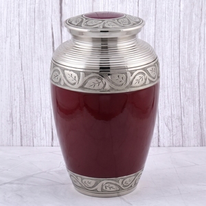 <b>Red</b> Gold Leaf Pattern Hand Carved American Style Brass Adult Cremation Urn Glossy Finish for Human Ashes Funeral Memorial Burial - Product Image 6
