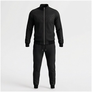Ensemble de survêtement noir pour homme, manches longues, col montant, fermeture éclair sur le devant, couleur unie, coupe sportive, coupe régulière, vêtements d'automne - Product Image 1