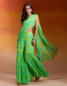 Sari Sharara Estampado en Chinon Verde Lima con Blusa Nakhraali Nomads - Product Image 5
