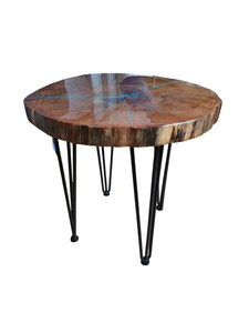 Mesa de Tronco de Madera con Resina Epoxi, Diseño Veta de Zafiro y Grietas Azules, Fusión Azul, Mesa Auxiliar Decorativa Artesanal - Product Image 2