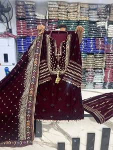 Ensemble de vêtements indiens pakistanais brodés de luxe pour femmes, Salwar Kameez Dupatta, style velours, sans plis, printemps/hiver, pour mariage - Product Image 5