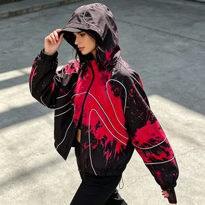 Blouson Bomber Homme en PU à Capuche Imprimé Éclaboussures Rose et Noir Imperméable Streetwear Fermeture Éclair Coupe Droite Vêtement d'Automne - Product Image 3
