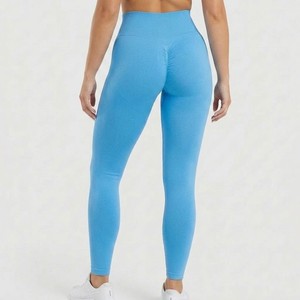 Rts High Waist Ribbed Yoga Leggings Full Length Solid Color Seamless Stretch Fitness Pants Women Workout Wear Blue - Product Image 3