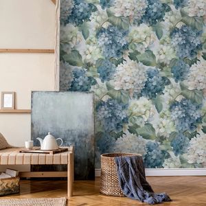 Carta da Parati Vintage con Motivo Floreale di Ortensie ad Acquerello, Autoadesiva, Facile da Applicare e Rimuovere, Decorazione Murale in Blu/Bianco/Verde - Product Image 4