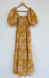 Yellow Floral Smocked Bodice Short Sleeve Lightweight Cotton <b>Summer</b> Maxi <b>Dress</b> Women's Spring <b>Dress</b> <b>Bohemian</b> Fashion Clothing - Product Image 4