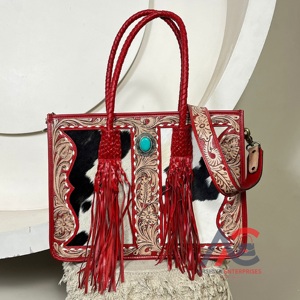 New Western Style <b>Tooled</b> <b>Leather</b> Cowhide Tote Bag Handmade Turquoise Stone Crossbody Fringe Handbag for Women Vintage Purse - Product Image 1