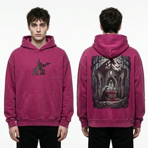 Custom Vintage Wash Pink Hoodie Men Oversized Streetwear Acid Washed Heavyweight Fleece Pullover Vampire Graphic Printed Hoodies - Product Image 1