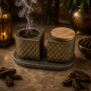 Custom Wood Brass Studded Bakhoor Burner Set with Tray & Storage <b>Box</b> Arabic Mabkhara Wholesale <b>Gift</b> For Ramadan <b>Eid</b> Home Decor - Product Image 3