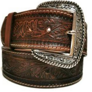 เข็มขัดหนังแบบตะวันตกสำหรับผู้ชายและผู้หญิงชุดหัวเข็มขัดลายดอกไม้แกะสลักด้วยมือที่ทนทาน - Product Image 1