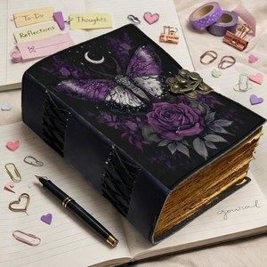 Herb Heritage Gothic Butterfly Leather Journal <b>Lock</b> Sewing Bound Moon Rose Notebook Handmade Grimoire Vintage Deckle Edge <b>Diary</b> - Product Image 2