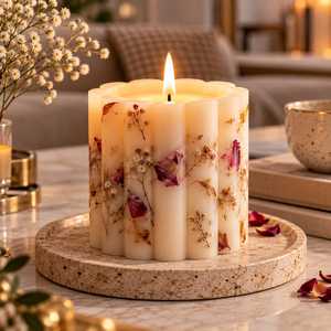 Floral Pillar <b>Candle</b> Handmade Decorative Scented Wax <b>Candle</b> with Dried <b>Flowers</b> Rose Petals Botanical Embellishment Scalloped - Product Image 1