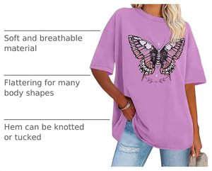 T-shirt ample à manches courtes et col rond pour femme, imprimé papillon violet, coupe décontractée, printemps-été - Product Image 3