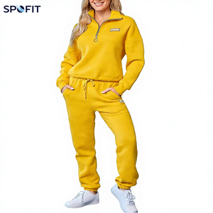 Women's Half <b>Zip</b> Fleece Eco-Friendly Breathable Solid Lounge Tracksuit Set Heavyweight Cotton 220g Two Piece Casual Wear Autumn - Product Image 4