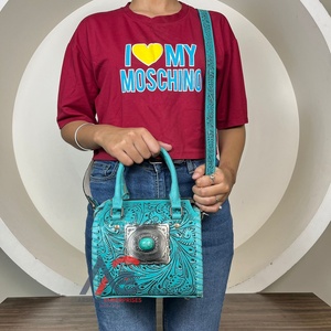 Bolso de Mano de Cuero Vacuno Turquesa con Grabado Floral y Concho, Estilo Western, para Mujer, Novedad 2026 - Product Image 1