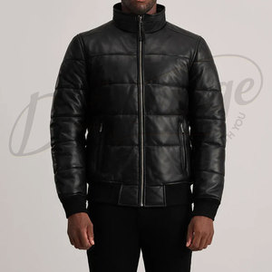 Chaqueta Bomber de Cuero Negra para Hombre, con Puños Acanalados, Cuello Alto, Acolchada y Cálida para Invierno, Estilo Biker, Corte Ajustado - Product Image 3