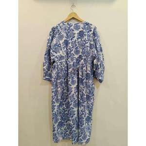 Robe longue en coton imprimé pour femme, manches 3/4, robe d'été bleue à fleurs, coupe ample, style bohème, fournisseur - Product Image 4