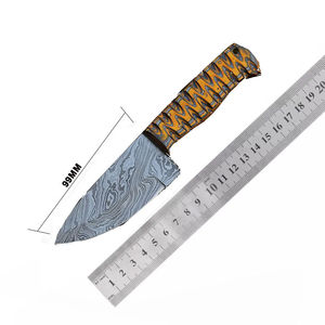 Cuchillo de punta caída hecho a mano de acero de Damasco con mango con patrón amarillo para caza. Cuchillos de acero de Damasco. - Product Image 2