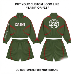Premium ZAINI Men Winter 120 GSM Polyester <b>Knitted</b> Quick Dry Windbreaker Short <b>Set</b> Solid Olive Green Red Panel Custom Logo OEM - Product Image 1