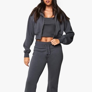 Women 2 Piece Tracksuit Hooded <b>Crop</b> <b>Top</b> With Full Length Flare Pants Solid Color Casual Style Breathable Spandex PolyesteMateria - Product Image 3