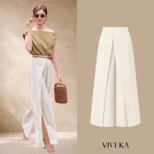 Women's Cream Modern Wide Leg Open <b>Split</b> Pants Polyester Spandex Premium Tailored <b>Trousers</b> Casual Style ELOWEN - Product Image 1