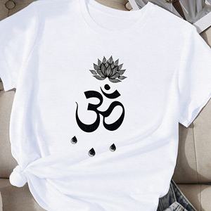 T-shirt de confort décontracté pour femmes avec symbole Om et imprimé de fleurs de lotus en tissu tricoté en polyester - Product Image 4