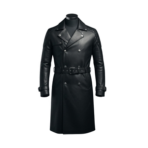 Manteau long en cuir véritable noir pour homme, col à revers, double boutonnage, avec ceinture, manches régulières - Product Image 3