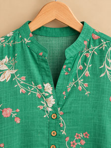 Blusa con estampado floral verde para mujer, con cuello mandarín y mangas abullonadas, top informal para primavera y verano - Product Image 5