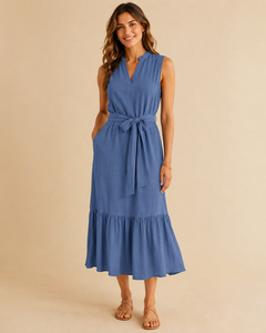 Blue Solid Woven Digital Printing Sleeveless Mandarin Collar <b>Maxi</b> Dress Wrap Tie Belt A-Line Romantic Summer Casual - Product Image 1