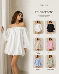 Robe Courte Bohème Blanche en Coton Ample et Unie à Épaules Dénudées pour Femme, Manches Longues, Tendance Été Plage - Product Image 3