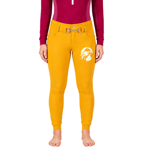 Pantalon d'équitation pour femme jaune doré, taille haute, extensible, avec passants de ceinture, pour la compétition et l'entraînement - Product Image 1