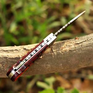 Couteau pliant en acier Damas avec verrouillage arrière, manche en bois Pakka, étui de transport vertical, couteau de poche EDC pour la chasse et le camping, couteau personnalisé OEM - Product Image 2