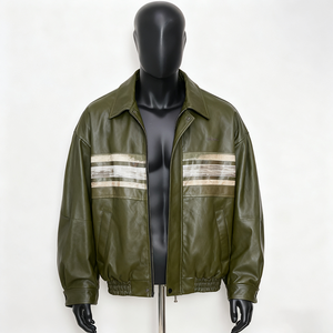 Blouson moto en cuir marron pour homme, col rabattu, fermeture éclair, motif floral brodé à la main, manches classiques, idéal pour l'automne - Product Image 3