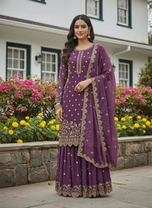 Ensemble Anarkali en Faux Georgette Brodé Violet à Séchage Rapide avec Dupatta, Tenue Traditionnelle Indienne et Pakistanaise pour Mariage, Coupe Classique - Product Image 3