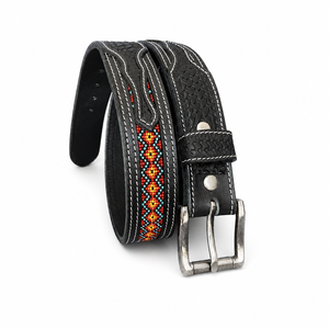 Ceinture Western Vintage pour Homme en Cuir Véritable Faite à la Main, Ornée de Perles, Décontractée, Style Cowboy, Noire, Gaufrée, Ajustable, Qualité Artisanale Supérieure - Product Image 1