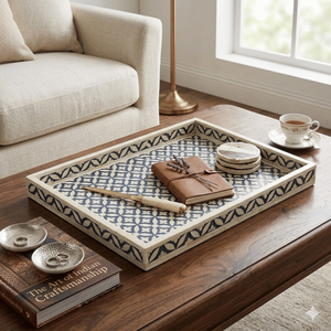 Bandeja Rectangular para Servir con Incrustaciones de Hueso |   Mesa de Centro Otomana con Bandeja |   Plato Decorativo para Desayuno, Té y Café |   Bandeja Decorativa para el Hogar - Product Image 3