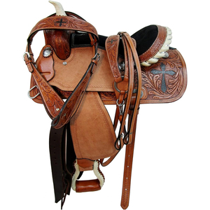 Selle de cheval western en cuir marron repoussé avec arceau en bois et quincaillerie nickelée pour l'équitation sur sentier et la course - Product Image 3