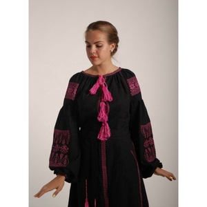 Vestido caftán de estilo ucraniano negro para mujeres niñas manga larga hasta la rodilla Maxi diseño lápiz bordado Natural borla XL tamaño - Product Image 5