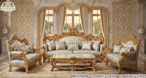Juego de sofás tradicionales de madera tallada para sala de estar con acabado dorado ornamentado, juego de sofás artesanal de estilo francés hecho a medida para la zona de estar. - Product Image 4